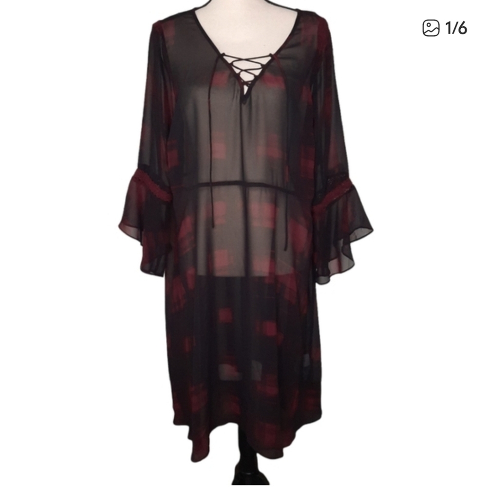 Love & Legend Maroon and Black Sheer Bell Sleeve Dress